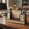 Wooden Desk Organizer - Pen Stand, Clock, Calendar & Mobile Holder