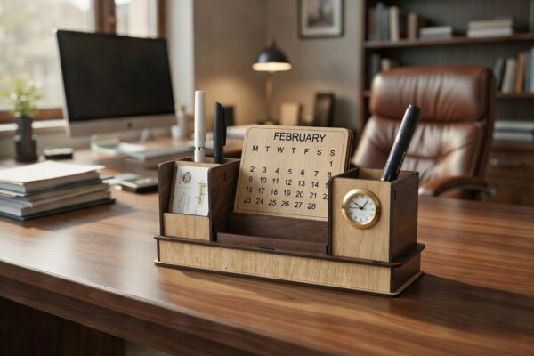 Wooden Desk Organizer - Pen Stand, Clock, Calendar & Mobile Holder