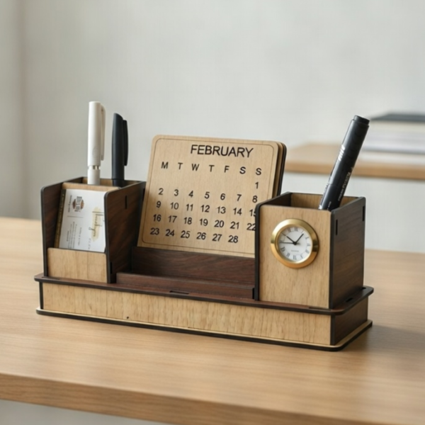 Wooden Desk Organizer - Pen Stand, Clock, Calendar & Mobile Holder