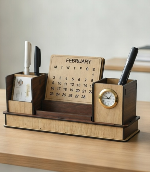 Wooden Desk Organizer - Pen Stand, Clock, Calendar & Mobile Holder