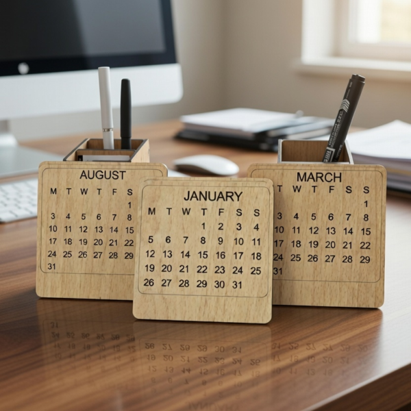 Wooden Desk Organizer - Pen Stand, Clock, Calendar & Mobile Holder