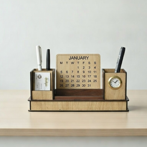 Wooden Desk Organizer - Pen Stand, Clock, Calendar & Mobile Holder