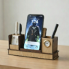 Wooden Desk Organizer - Pen Stand, Clock, Calendar & Mobile Holder