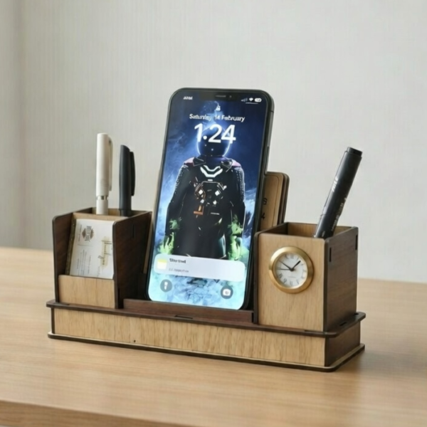 Wooden Desk Organizer - Pen Stand, Clock, Calendar & Mobile Holder