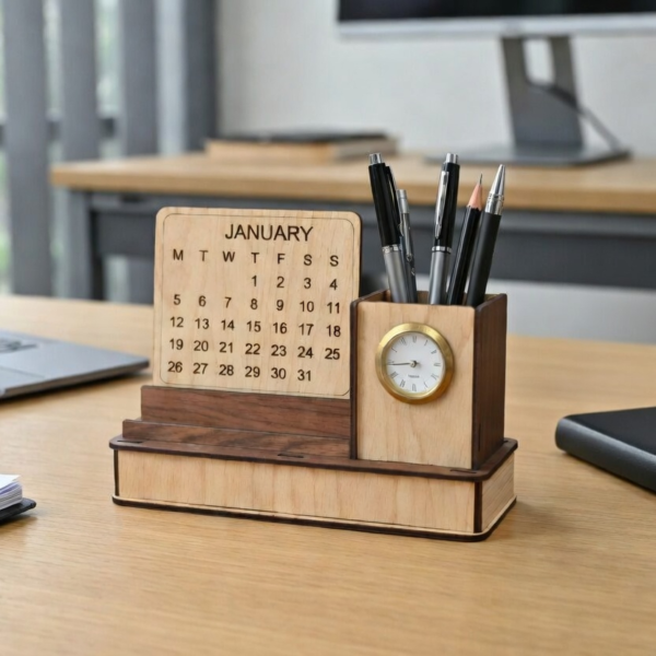desk orgaiser with calender Wooden Desk Organizer with Calendar, Clock & Mobile Holder