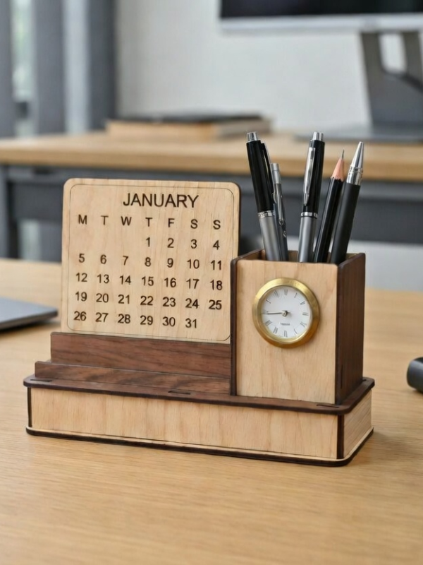 desk orgaiser with calender Wooden Desk Organizer with Calendar, Clock & Mobile Holder
