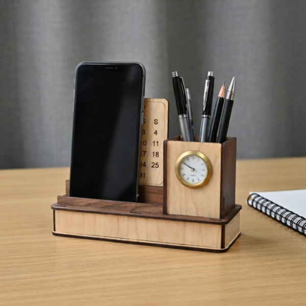desk organiser with mobile holder Wooden Desk Organizer with Calendar, Clock & Mobile Holder