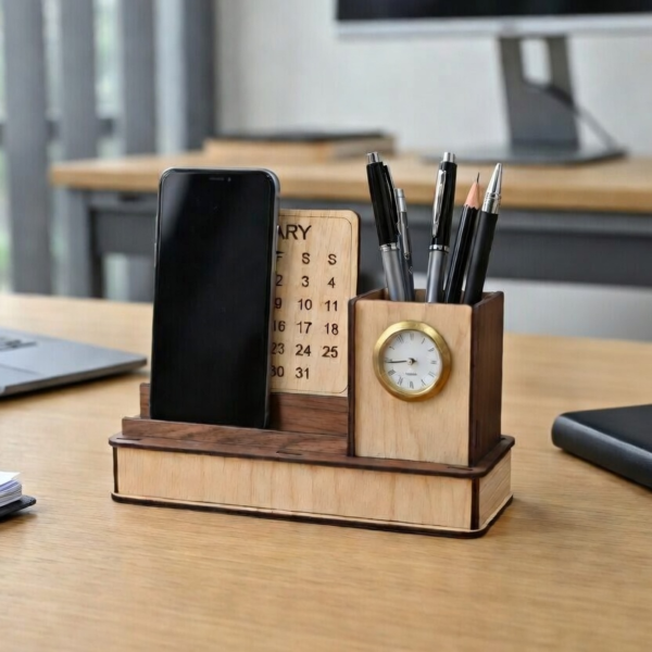 penstand holder of office Wooden Desk Organizer with Calendar, Clock & Mobile Holder